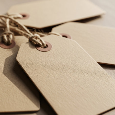 Blank gift tags on wooden background. Shallow DOF.の素材