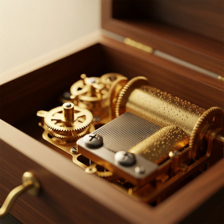 Close-up of a golden watch mechanism in a wooden box.の素材