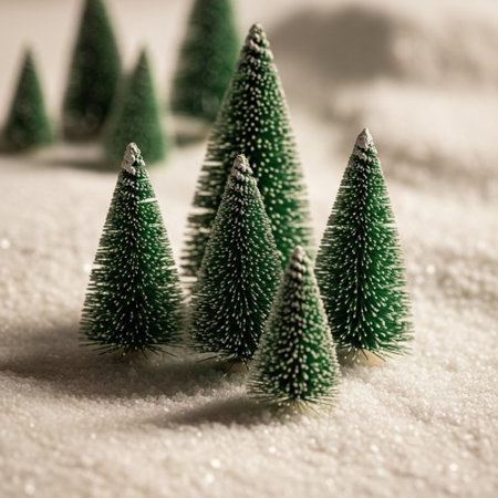 Small Christmas trees in the snow. Christmas background. Toned.の素材