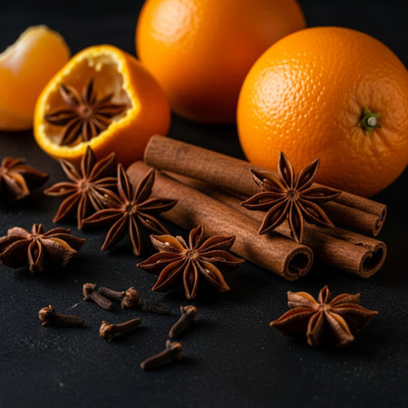 Cinnamon sticks, star anise and cloves on a black backgroundの素材