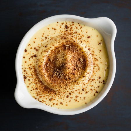 Creme brulee with cinnamon in a white bowl on a dark backgroundの素材