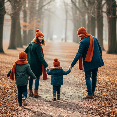 happy family walking in autumn park, mother, father and children holding handsの素材