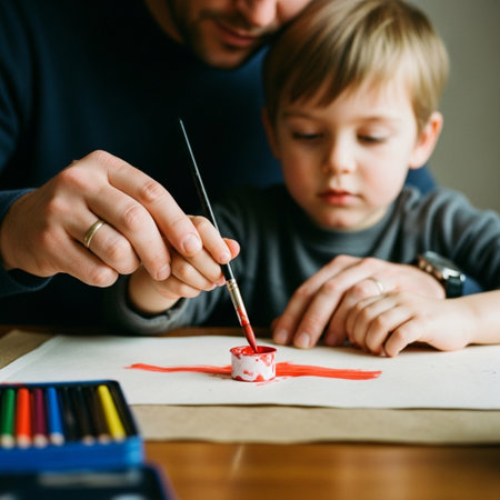 Father and son painting with wax crayons on paper at homeの素材