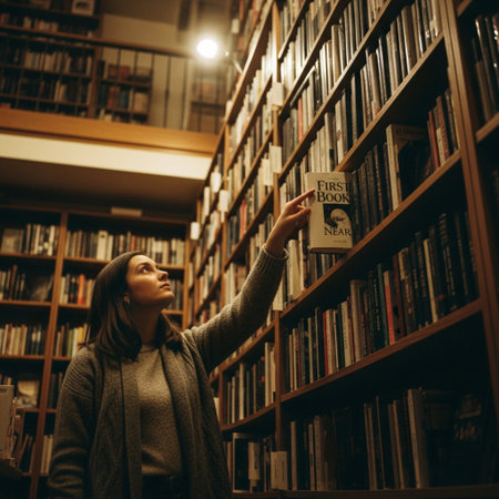 Young woman holding a book in her hands in the library. Education concept.の素材