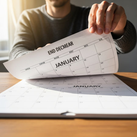 Man holding calendar with date February 14 on wooden table. Calendar conceptの素材