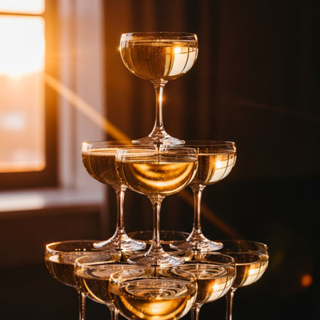 Three glasses of white wine on the table in the restaurant at sunsetの素材