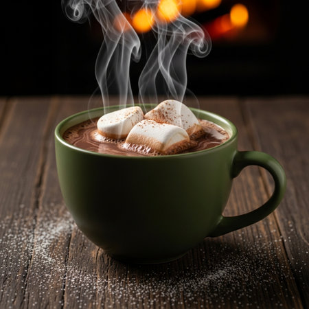 Hot chocolate with marshmallows in a green cup on wooden backgroundの素材