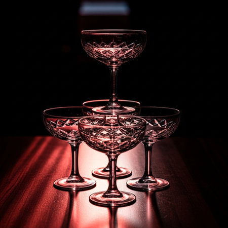 Wine glasses on dark background. Selective focus. Toned.の素材