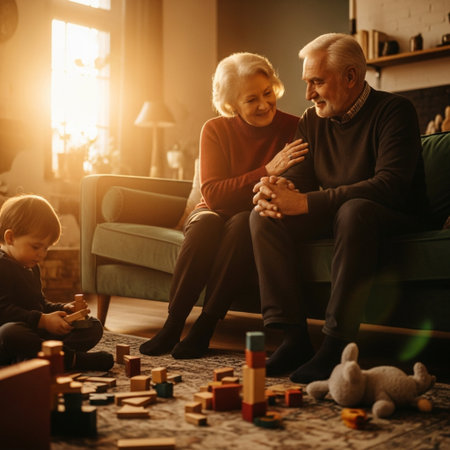 Elderly couple with kids playing together at home. Happy family spending time together.の素材