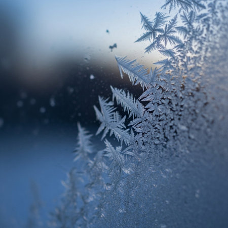 Frosty natural pattern on winter window glass, shallow DOFの素材