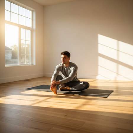 Man practicing yoga at home, sitting in lotus position and meditatingの素材