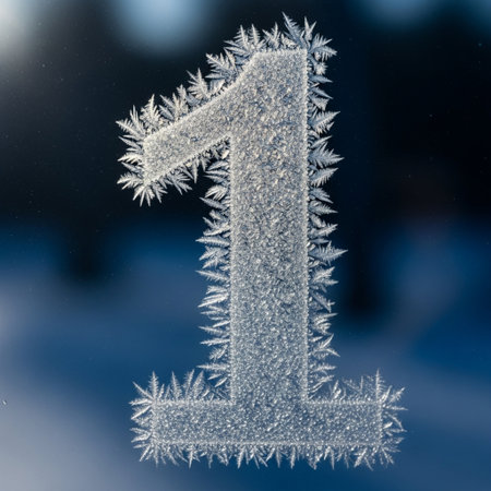 Number 1 frosted on window glass, winter background with snowflakesの素材