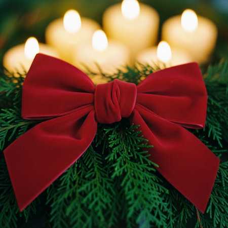 Christmas decoration with red bow, candles and fir tree branches on backgroundの素材