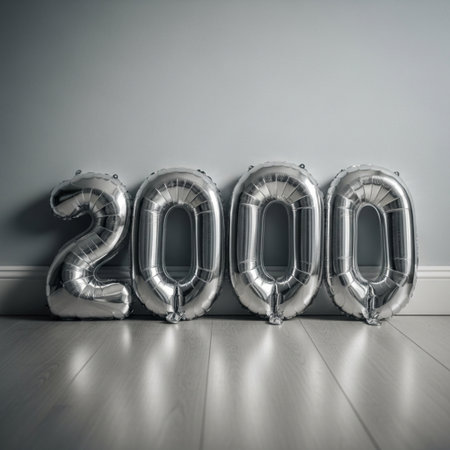 Silver foil balloons in the form of numbers 2020 on a gray backgroundの素材