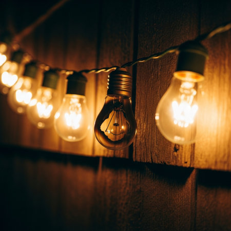 Vintage light bulbs hanging on a wooden wall. Filtered image processed vintage effect.の素材