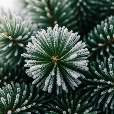 Fir tree branches covered with hoarfrost. Winter background.の素材