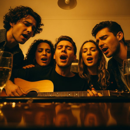 Group of young friends playing guitar and singing together in a nightclub.の素材