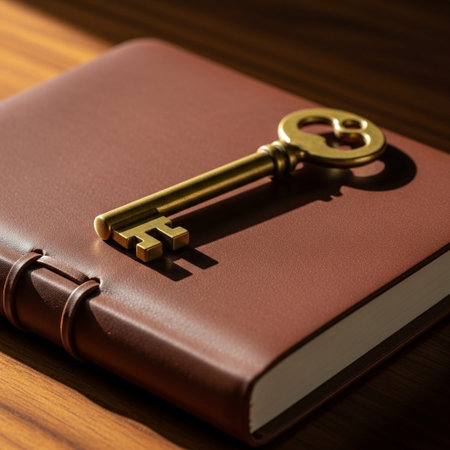 Key to knowledge concept. Golden key on a book on wooden backgroundの素材
