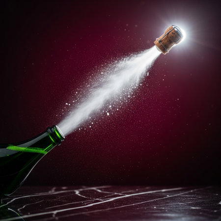 Close up of champagne bottle and cork splashing out of itの素材