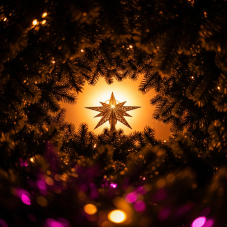 christmas decoration in the form of a star on the background of the Christmas treeの素材
