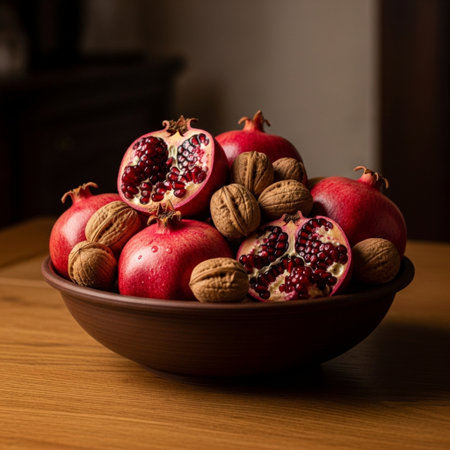 Ripe pomegranates and walnuts in bowl on wooden tableの素材