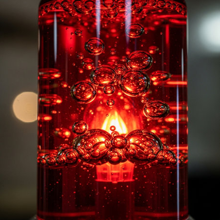 Burning candle in a red glass with bubbles on a dark backgroundの素材