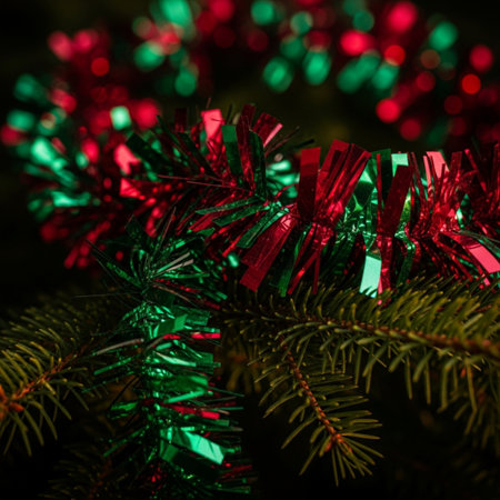 Christmas tree branches with red and green garland on a dark backgroundの素材