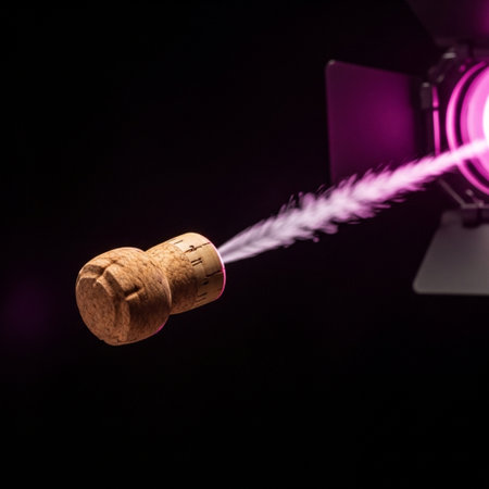 Champagne cork and light on a black background with copy spaceの素材