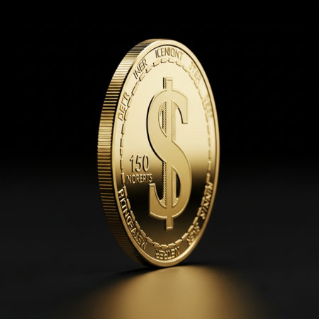 Golden dollar coin on black background. 3D rendering. Digital currency.の素材