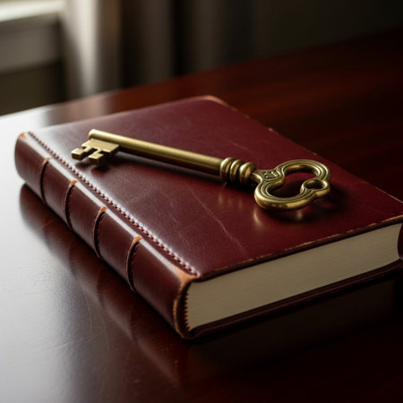 Key and book on a table in a courtroom or law enforcement officeの素材