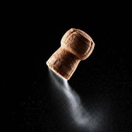 Champagne cork on a black background with spray of water.の素材