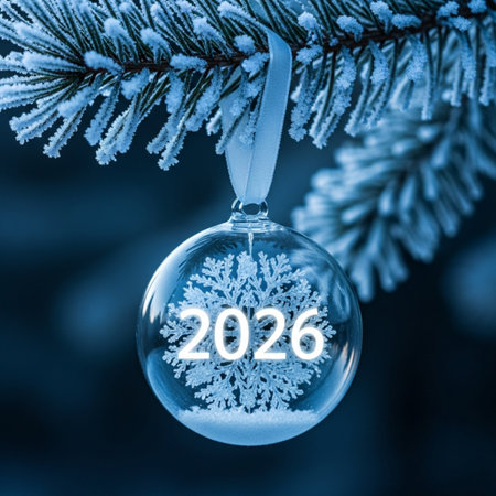 New Year's glass ball with the inscription 2020 on a branch of a Christmas tree.の素材