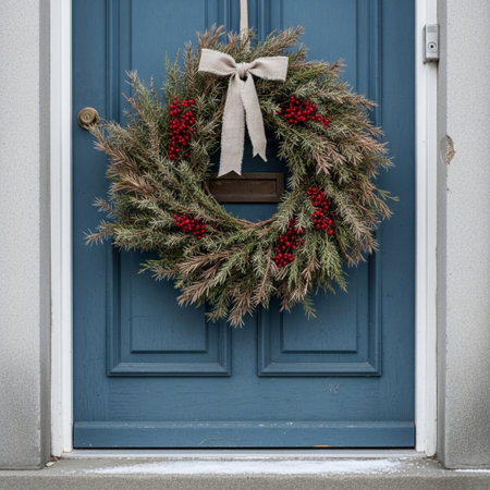 Christmas wreath on the door of a blue wooden front door.の素材