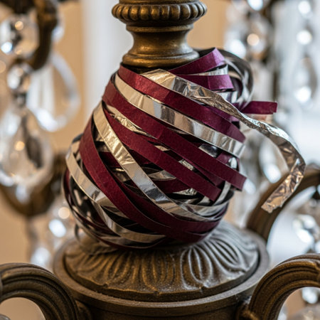 Vintage candlestick with colorful ribbons, close-upの素材