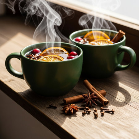 Two cups of hot mulled wine with spices on wooden windowsillの素材