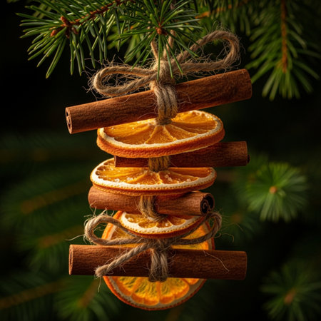 Christmas decoration with dried orange slices and cinnamon sticks on a dark backgroundの素材