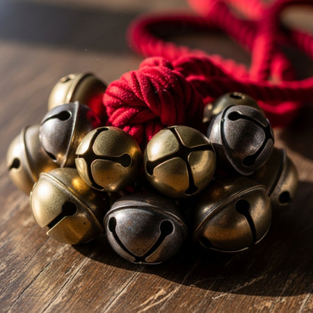Jingle bells with red rope on wooden background. Selective focus.の素材