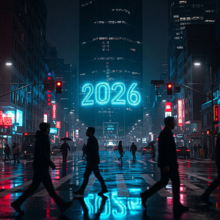 People walking in the city at night. New Year 2016 concept.の素材