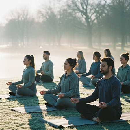 Group of young people practicing yoga in the park on a foggy morningの素材