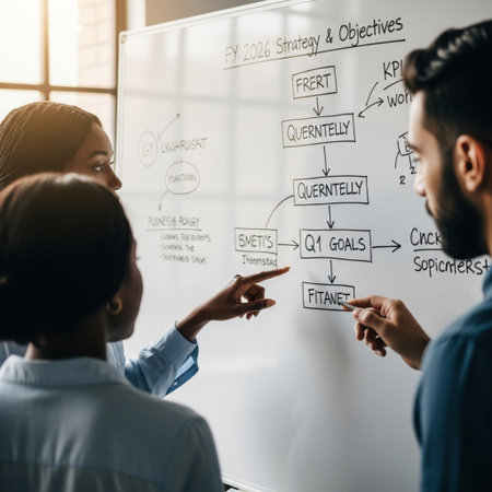 Attentive businesswoman pointing at whiteboard with business strategy diagramの素材