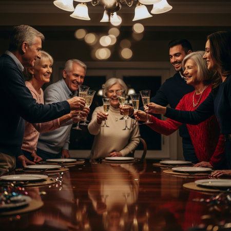 Group of happy senior friends toasting with champagne glasses at birthday partyの素材