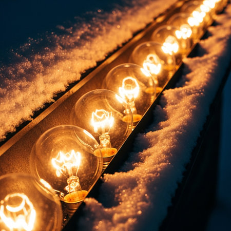 Glowing incandescent lamps in the snow. Toned.の素材