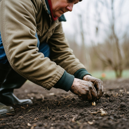 Farmer planting potatoes in the garden. Selective focus. nature.の素材