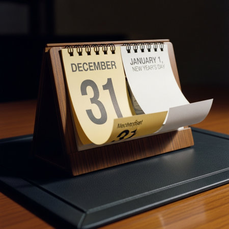 Calendar with the date of December 31 on a wooden table.の素材