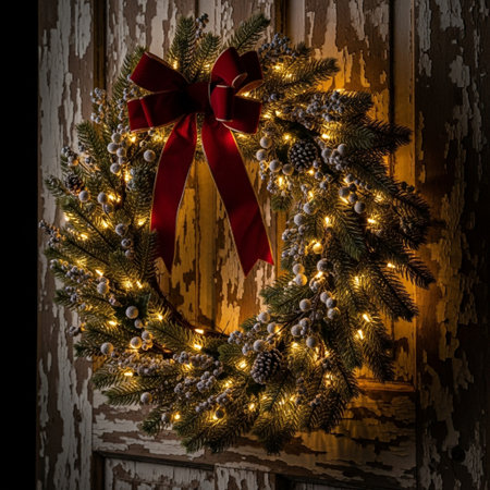 Christmas wreath on the door of a rustic wooden house.の素材