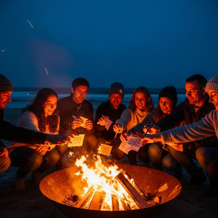 Group of friends sitting around a bonfire on the beach at nightの素材