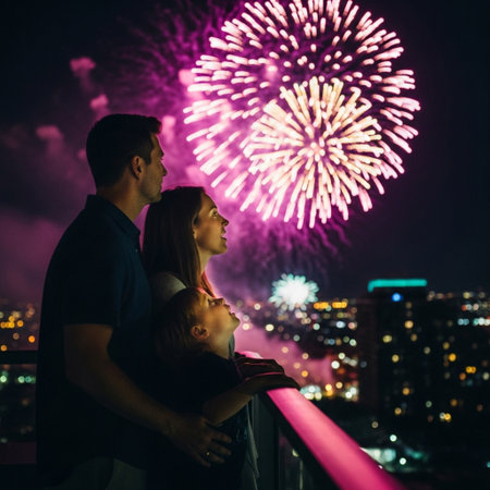 Happy young couple with fireworks on the background of the city at nightの素材