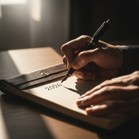 Man writes goals in a notebook with a fountain pen on a wooden tableの素材
