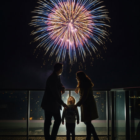 Happy family, mother, father and little daughter, watching fireworks at nightの素材