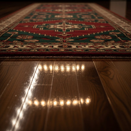 Carpet on the wooden floor in a room with light bulbsの素材